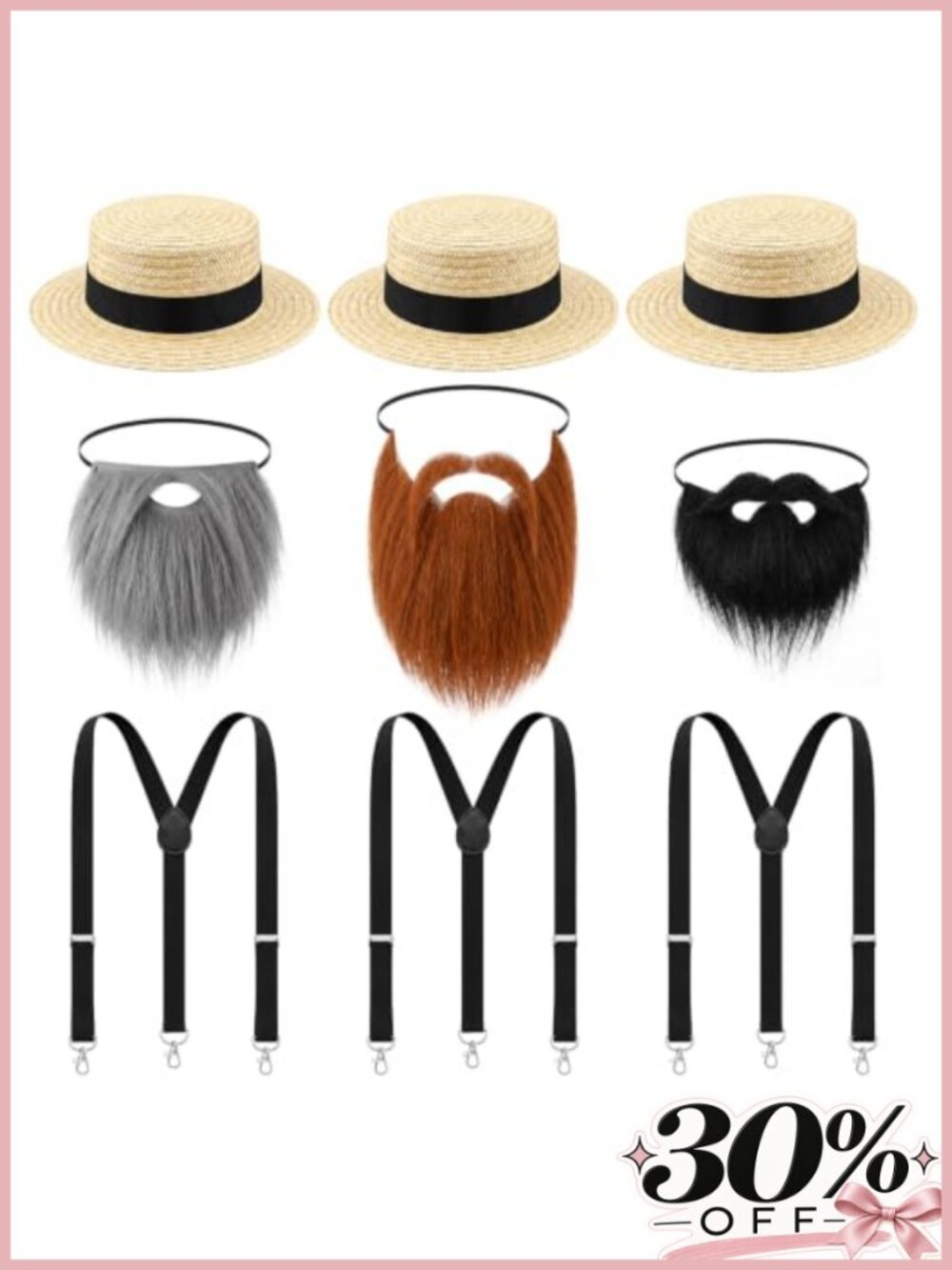 Men's Amish Costume Set 3 Hats Suspenders Fake Beards Halloween Themed